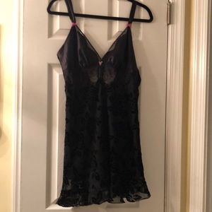 Betsey Johnson Black lace intimates w frills pink  ribbons  medium size